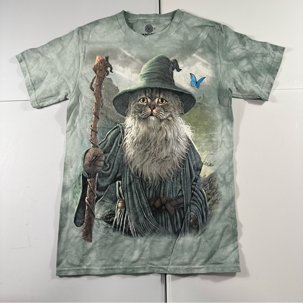 SMALL the Mountain liquidblue Wizard Cat Green Tie Dye  100% Cotton Shirt Short